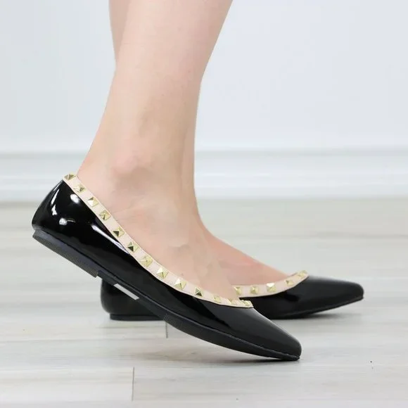 Black Patent Pointed Toe Slip On Flat Shoes Metal Gold Studs - Picture 7 of 11